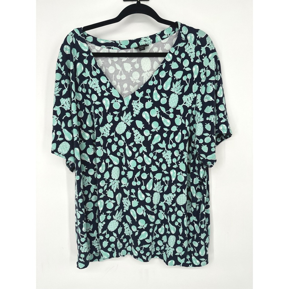 J.Jill Wearever Top Women 4X Navy Blue Fruit Print V-Neck Casual Tropical Resort